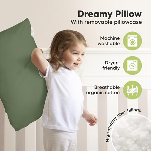 KeaBabies Organic Toddler Pillow with Pillowcase, Jumbo 14X20 - Soft Cotton Toddler Pillows for Sleeping - Machine Washable - Perfect for Travel, Toddler Bed Set (Jungle Green) - color: Jungle Green
