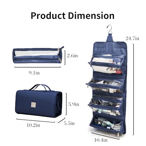 ROYALFAIR Roll Up Makeup Bag, Travel Toiletry Bag for Women with 4 Clear TSA Approved Pouches, Hanging Travel Organizer, Folding Cosmetic Bag for Men and Women - color: Navy