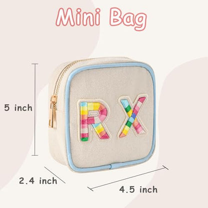 Small Canvas Rx Medicine Packages, Cute Chenille Letter Patch Drug Makeup Bag with Metal Zipper, Mini Travel First Aid Purse Organizer Machine Washable (03Blue-Rainbow) - color: 03Blue-Rainbow