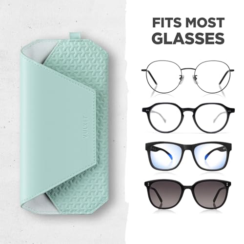 VULKIT Portable Leather Eye Glasses Case for Women & Men, Slim Sunglass Case, Unisex Eyeglass Case - color: Mint Green