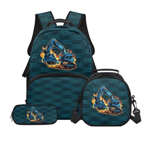 Boys Kids Excavator Backpack and Pencil Case Bundle,3pcs Backpacks with Lunch Box for School Camping Hiking, Back to School Boys, Lightweight School Bookbags - color: Excavator -5