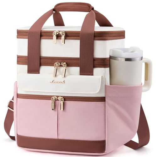 LOVEVOOK Insulated Lunch Bag Women Men,Expandable Double Deck Lunch Box for Women With Large Cup Holder,Leakproof Cooler Bag For Adult Lunch Tote Bag Work Picnic Beach with Adjustable Shoulder Strap - color: Off White with Pink with Brown, size: Large-15L