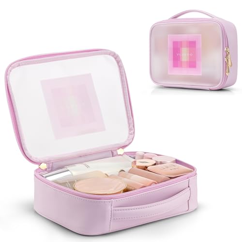 VLANDO Cute Makeup Bag,Travel Bag for Teen Clear Toiletry Bag for Women Pink Make up Bag with Zipper and Handle Portable Makeup Case Travel Birthday Gifts for Girls Women - color: Clear-pink