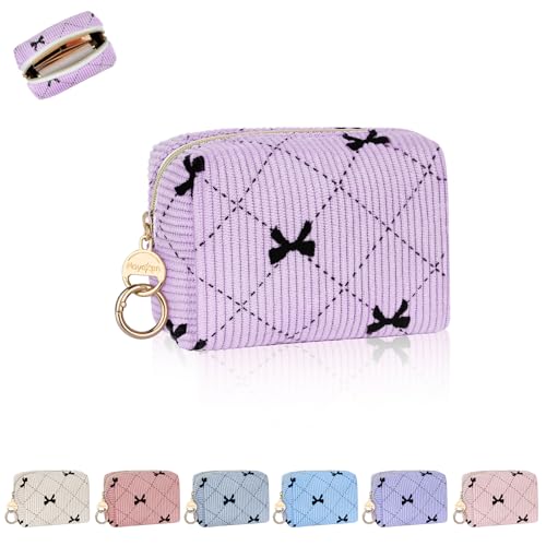 Mini Makeup Bag, Corduroy Small Cosmetic Bag for Purse with Ring Buckle, Bow Tie Travel Makeup Pouch for Lipsticks, Chapsticks, Coin, Earphone, Credit Card (Purple) - color: Bow Tie-Purple