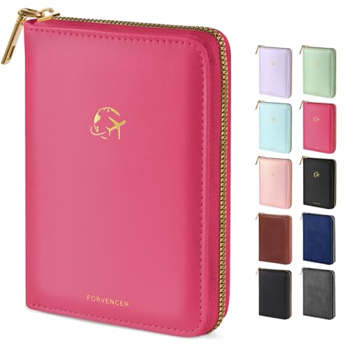 Forvencer Passport Holder Cover with Safe Zipper Closure, Premium Passport Wallet for Travel, Cute RFID Blocking Card Case, Waterproof Travel Accessories for Women, Hot Pink - color: Hot Pink, style: Zipper Closure
