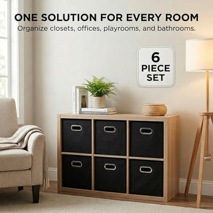 Household Essentials Foldable Fabric Storage Bins 6 Piece Set, Strong Poly-Woven Fabric, Sturdy Chipboard Sides, Grommet Front Handle, Stackable, Classic Design, Black - color: Black, size: 11” L x 11” W x 11” H
