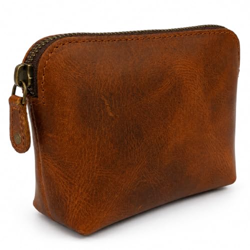 Full Grain Leather Cosmetic Bag – Zippered Makeup Pouch for Women, Small Travel Toiletry & Organizer Pouch for Purse, Premium Handmade Leather (5 × 4 × 2.5 in) - color: Tan