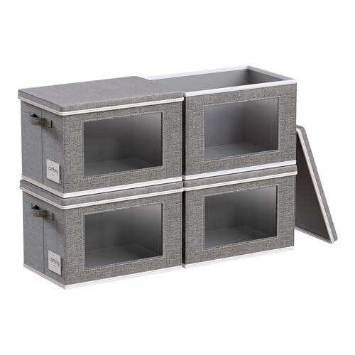 4-Pack Fabric Storage Bins with Lids, Collapsible Closet Storage Bins with Clear Window Large Storage Boxes with Handles Closet Organizers for Shelves, Wardrobe, Grey, 17"X11.8"×11.8" - color: Grey, size: XL (17“ x 11.8” x 11.8")
