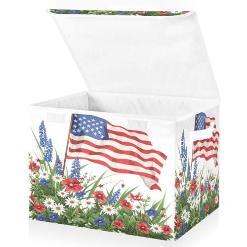 July Fourth Baskets Collapsible Storage Bins with Lids, Wildflowers American Flag Storage Boxes Clothes Baskets for Organizing - color: Flag 1