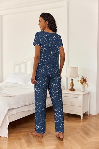 Ekouaer 2 Piece Womens Pajamas Short Sleeve Top and Long Pants Pjs Set Printed Sleepwear with Pocket - color: Blue Stars, size: Large