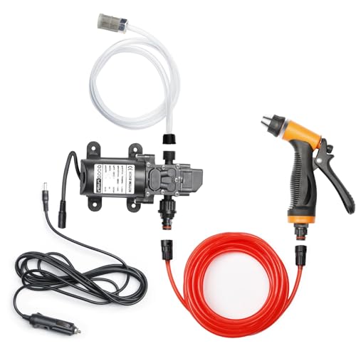 Portable Intelligent Electric Pressure Washer Pump 100W 160 PSI 12V Portable Pressure Powerful Washing Kit with 21.3 Feet PVC Hose for Home, Car, Garden, Projects (100 W-Black Hose)
