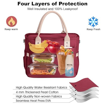 Hafmall Large Insulated Lunch Bag for Adults, Wide Opening Insulated Bag with Shoulder Strap,Loncheras para Mujer, Reusable Adult Lunch Tote Bag For Work, Picnic(Red) - color: Red