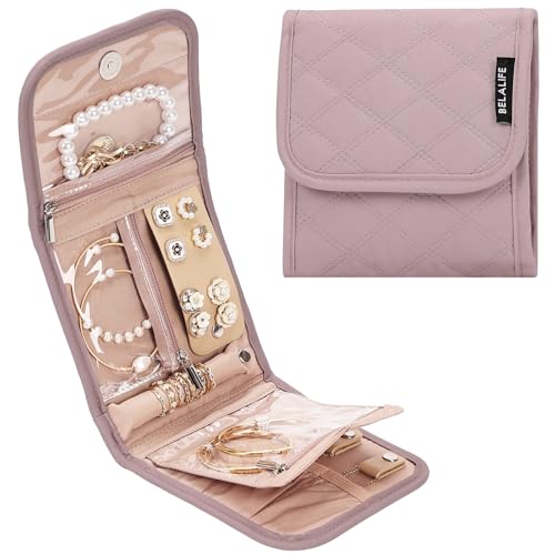BELALIFE Travel Jewelry Case Organizer, Small Foldable Storage Roll for Earrings, Necklaces, Rings, Bracelets, Brooches, Peach-Pink - color: Peach-Pink, size: Small