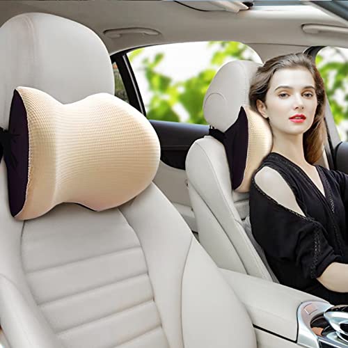 Super Comfy Car Headrest Pillow, Car Pillow for Neck Pain Relief with Adjustable Strap, 100% Memory Foam & Breathable Removable Cover, Ergonomic Design - Softness Travel Car Neck Pillow(Beige, 1PC) - color: Beige