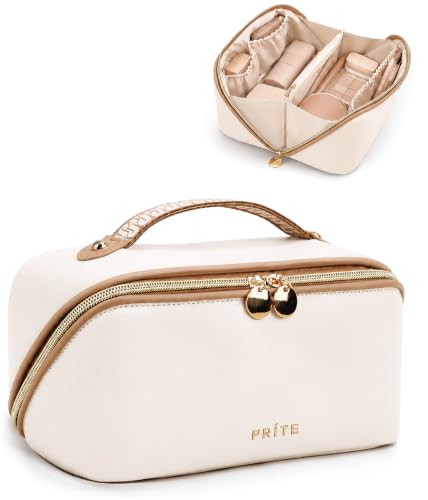 Prite Makeup Bag for Women Travel Waterproof Vegan Leather Cosmetic Bag Open Flat Toiletry Bag With Clear Divider and Handle (Beige, Medium) - color: Beige, size: Medium