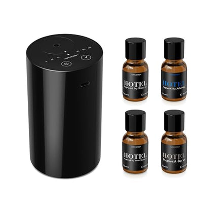 Airversa Waterless Essential Oil Diffuser Starter Kit with 4 x 10mL Hotel Scent Fragrance Oil, Battery Operated Mini Scent Air Machine Portable Diffuser for Home Car Office, AN8 Kit Black - color: A Black