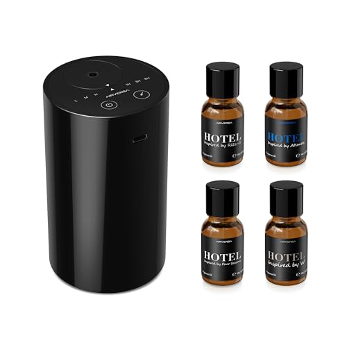 Airversa Waterless Essential Oil Diffuser Starter Kit with 4 x 10mL Hotel Scent Fragrance Oil, Battery Operated Mini Scent Air Machine Portable Diffuser for Home Car Office, AN8 Kit Black - color: A Black