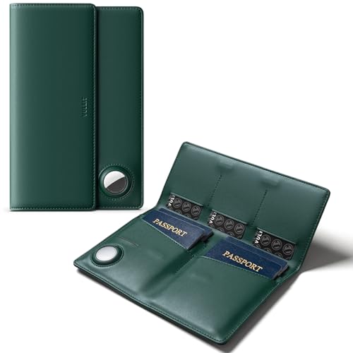 VULKIT Family Passport Holder for 4 Leather Passport Wallet with Airtag Slot Multiple Passport Holder RFID Blocking Bifold Travel Documents Organizer - color: Green