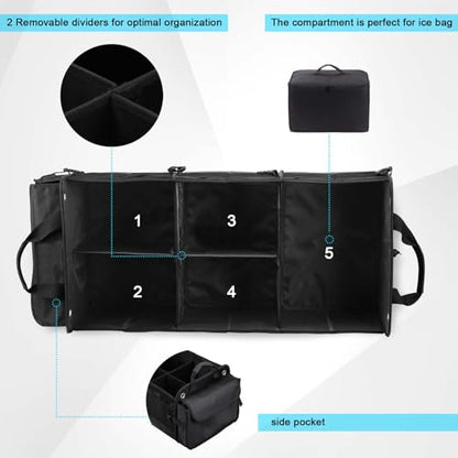 Large Trunk Organizer for Car, SUV, Truck with Removable Cooler Bag-Collapsible Multi Compartments w/Foldable Cover, Non Slip Bottom Cargo Storage (Black) - size: Five Compartment