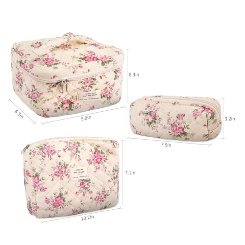 GISMTR 3Pcs Cotton Quilted Makeup Bag Large Travel Cosmetic Bag Coquette Makeup Pouch Cute Aesthetic Floral Toiletry Bag for Women Girls (flower-M) - color: flower-M