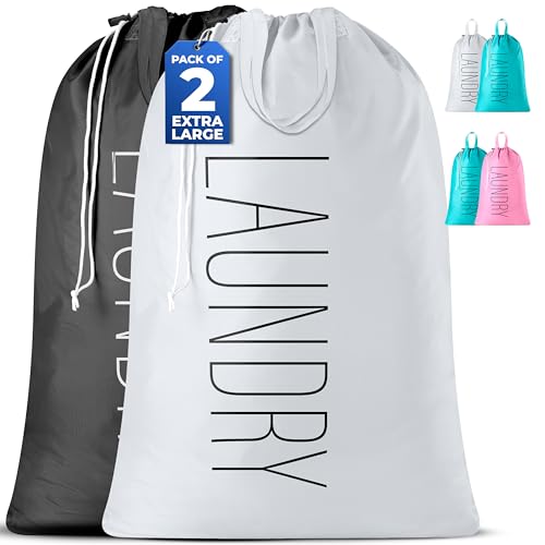Extra Large Travel Laundry Bag - 2-Pack Fun Print Design Bags for Dirty Clothes - Durable Water-Resistant Fabric - Sturdy Drawstring Closure (Black-White | Laundry) - color: Black-white | Laundry