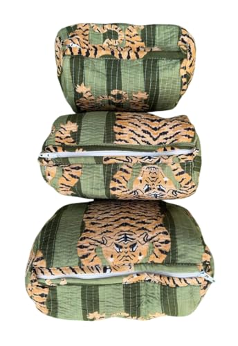 YILLE Set of 3 Pieces Block Printed Travel Organizer Kit Storage Bag for Women Makeup Bag Travel Cosmetic Bag (Dark Green Fat Tiger) - color: Dark Green Fat Tiger
