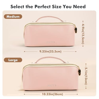 Prite Makeup Bag for Women Travel Waterproof Vegan Leather Cosmetic Bag Open Flat Toiletry Bag With Clear Divider and Handle (Pink, Medium) - color: Pink, size: Medium