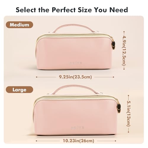 Prite Makeup Bag for Women Travel Waterproof Vegan Leather Cosmetic Bag Open Flat Toiletry Bag With Clear Divider and Handle (Pink, Large) - color: Pink, size: Large
