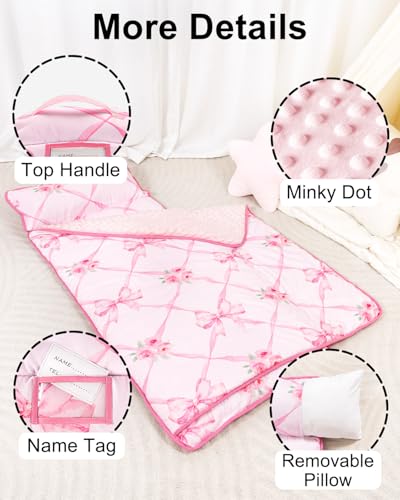 Primlect Thickened Toddler Nap Mat with Removable Pillow and Minky Blanket, Extra Large 55''x35'' Sleeping Bag, Washable, Roll up, Perfect for Daycare, Preschool, Kindergarten, Boys and Girls Bow - color: Pink Bow