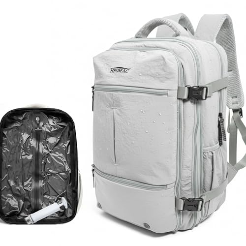 Vacuum Compression Backpack for Travel, Carry on Backpack with Vacuum System & Pump, Packs Like 55L for 5-7 Day Trips, Fits 17" Laptop, Water-Resistant Business Travel Backpack for Men/Women - color: Off-white, size: 55L