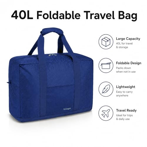 Foldable Travel Duffle Bag with Trolley Sleeve 40L Capacity, Lightweight Packable Travel Duffel Bags with the Keyhole Zipper, Weekender Overnight Nylon Carry on Bag for Men & Women, Blue - color: Blue