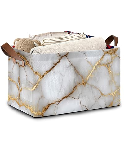 White Gold Marble Storage Baskets,Foldable Large Capacity Organizer Bins with Waterproof Lining and Leather Handles for Closet,Shelf,Bedroom 17x11.5x10Inch - color: White Gold Marble
