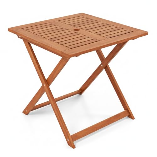 Tangkula 29.5-Inch Square Patio Dining Table, Solid Wood Folding Outdoor Bistro Table with Teak Painting & 2" Umbrella Hole, Outdoor Dining Table for Balcony, Deck, Porch, Backyard - size: 29.5"