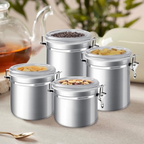 ENLOY 4-Piece Stainless Steel Airtight Food Storage Canister Set with Clear Lid, Containers Sets for Kitchen Counter for Sugar, Flour, Tea, Candy, Cookie, Spice, 28/32/38/65 oz - size: Small