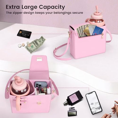 Outdoor Portable Crossbody Water Cup Purse Bag Water Bottle Carrier Bag with Phone Pocket Tumbler Carrier with Strap - color: Pink