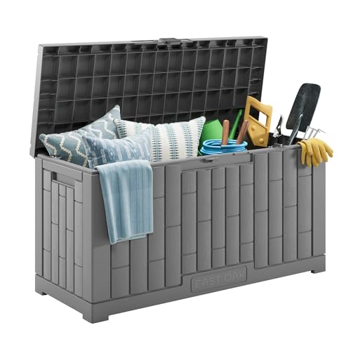 EAST OAK Outdoor Storage Box, 60 Gallon Deck Box Indoor and Outdoor Use, Waterproof Resin Storage Bin for Patio Cushions, Gardening Tools, Lockable, UV Resistant, Grey - color: Grey, size: 60 Gallon