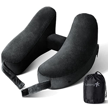 Sunany Travel Neck Pillow for Airplane Pillow Comfortably Supports Head, Neck and Chin, Inflatable Travel Pillow with Soft Velour Cover and Portable Drawstring Bag (Black) (Black, H)