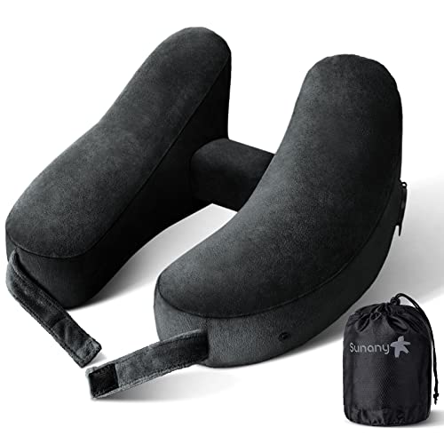 Sunany Travel Neck Pillow for Airplane Pillow Comfortably Supports Head, Neck and Chin, Inflatable Travel Pillow with Soft Velour Cover and Portable Drawstring Bag (Black) (Black, H)
