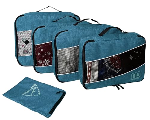 5 Set Packing Cubes for Travel Large Suitcase Luggage Organizer Bags Travel Accessories Vacation 4 Cubes 1 Laundry Pouch Bag - color: Snow Teal