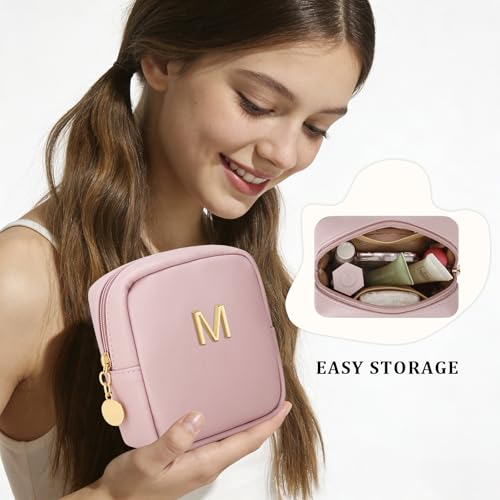Personalized Birthday Gifts for Women - Initial Makeup Bag Set Travel Toiletry Bag Cosmetic Bags Soft Waterproof PU Leather Makeup Pouch Travel Essentials (M, 1pc Pink) - size: 1pc Pink, style: M