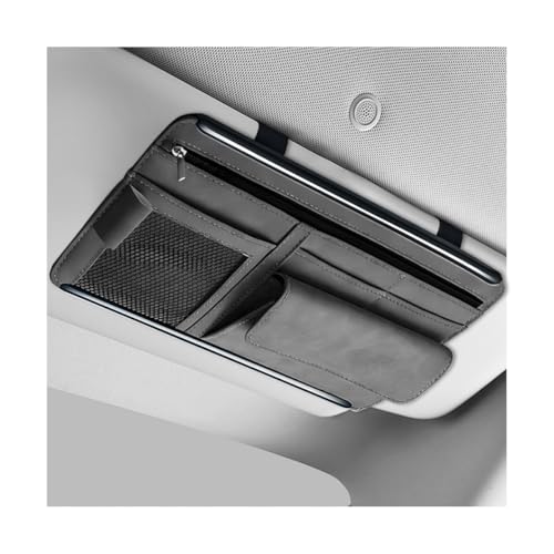 Car Sun Visor Organizer, Leather Sun Visor Pocket Organizer Case with Multi-Pocket Net Zipper, Suede Note Holder Car Visor Storage Pouch for Card Pen Sunglasses Document (Gray) - color: Gray