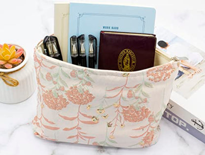 Makeup Bags for Purse Zipper Cosmetic Pouch Large Travel Canvas Make Up Organizer Tool Pouch for Women and Girls,Brocade Flower Pink - color: Brocade Flower Pink