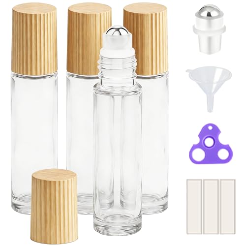 PrettyCare 4 Pack, 10 ml Essential Oil Roller Bottles with Stainless Steel Roller Ball - Refillable Leak-proof Empty Thick Clear Glass Roll on Bottles with Bamboo Caps for Travel, Perfume - color: Clear with Wooden Cap, size: 4 Pack