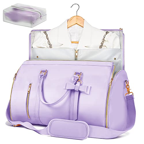 Garment Bags for Travel for Women, Stylish Garment Duffle Bag, Convertible & Foldable 2 in 1 PU Suit Bag For Hanging Clothes, Business Trip Bag With Toiletry Pocket & Shoes Compartment, Purple - color: Purple