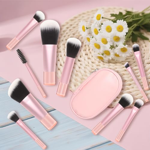 10 Pcs Mini Travel Makeup Brush Set with Pouch, Foundation, Eyeshadow, Blush, Highlighter, Angled Brow & Mascara Brushes - Soft Synthetic Fiber Brushes for On-The-Go & Daily Makeup (Pink) - color: Pink