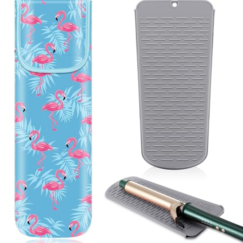 Shappy 2 Pcs Heat Resistant Hair Tools Bag Curling Iron Travel Case Cover Neoprene Flat Iron Holder Travel Case and Silicone Mat Pouch for Hot Hair Tools Storage Organizer(Flamingo Style) - style: Flamingo Style