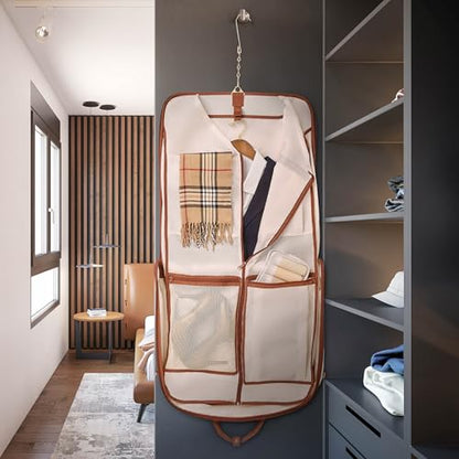 ZEGUR Premium Garment Bag Carry On for Women - Hangs Blazers, Pantsuits & More - Travel Bag with Shoulder Strap and Laptop Compartment (Beige with Saddle Brown Leather) - color: Beige
