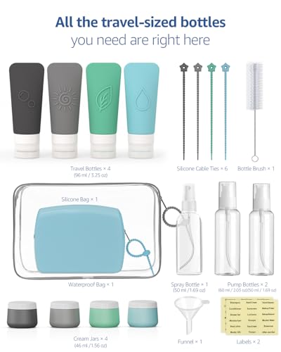 23-Piece All-in-One Silicone Travel Bottles Set – TSA Approved Leakproof Toiletry Kit with Double Bags, Flat Easy-Squeeze Bottles with Tactile Icons, Cream Jars, Pump & Spray, Cleaning Brush - color: 23A-Blue, size: 23