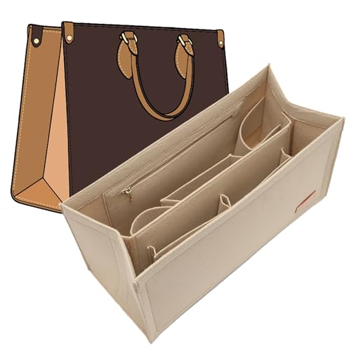 Bag Organizer Insert for LV On The Go MM and Dior Medium Book Tote and more, 9-Section Customizable Purse Organizer with Secure Zippered Pocket Water Bottle Holder, Handbag Shaper Protector (Beige) - color: Beige, size: Medium Book Tote/On The Go MM