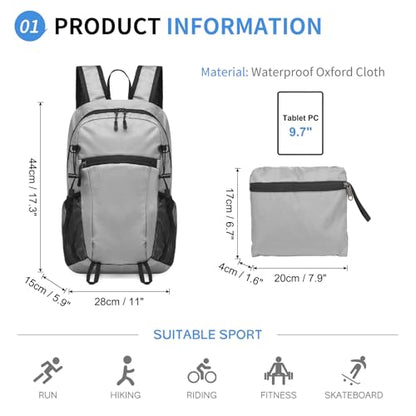 Hiking Daypack Packable, Camping Backpack Water Resistant Lightweight Polyester for Men Women Travel Outdoor - color: Gray